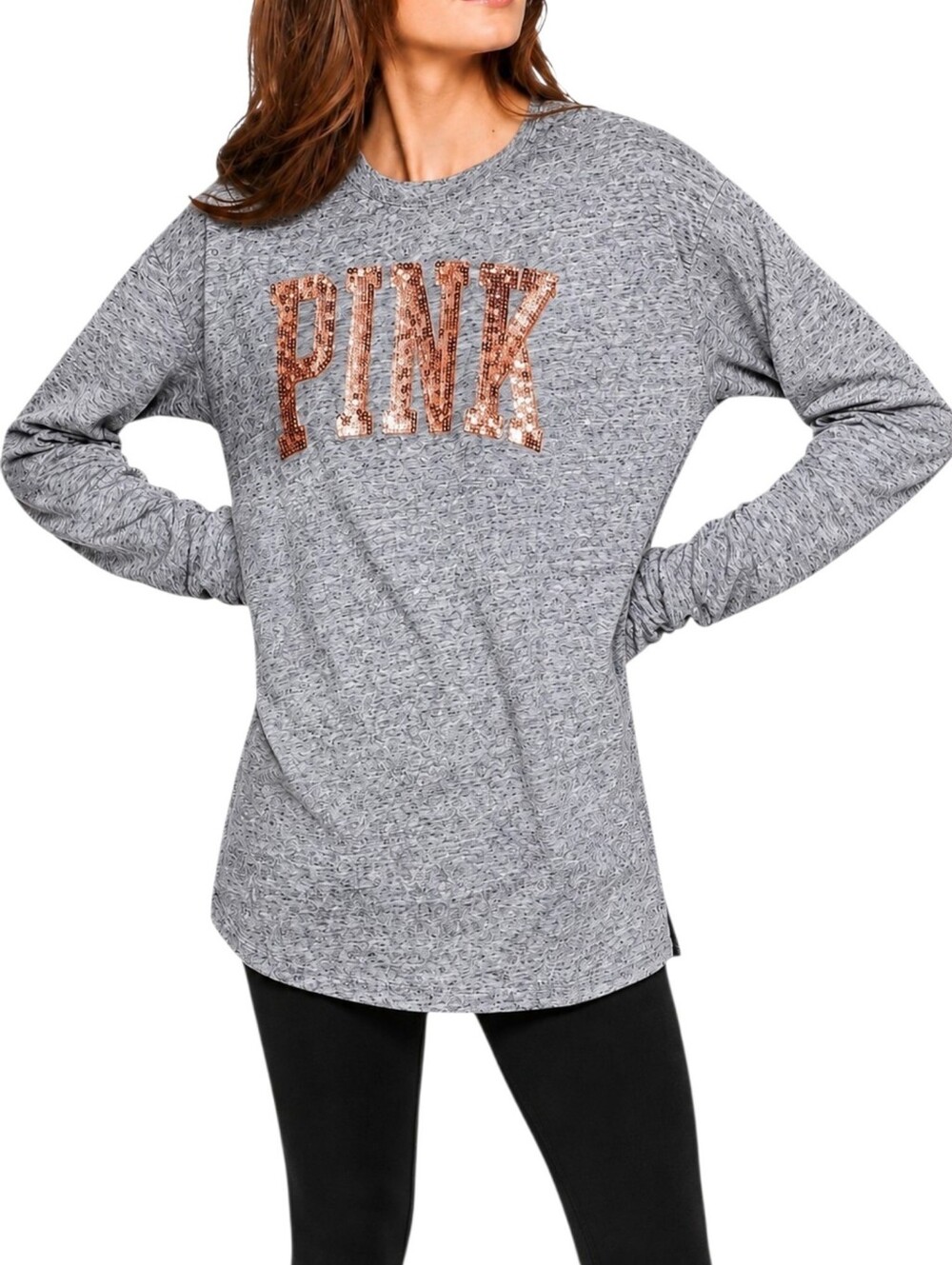 PINK Victoria's Secret Long Sleeve Tee Women Medium Grey Cotton Sequin Logo